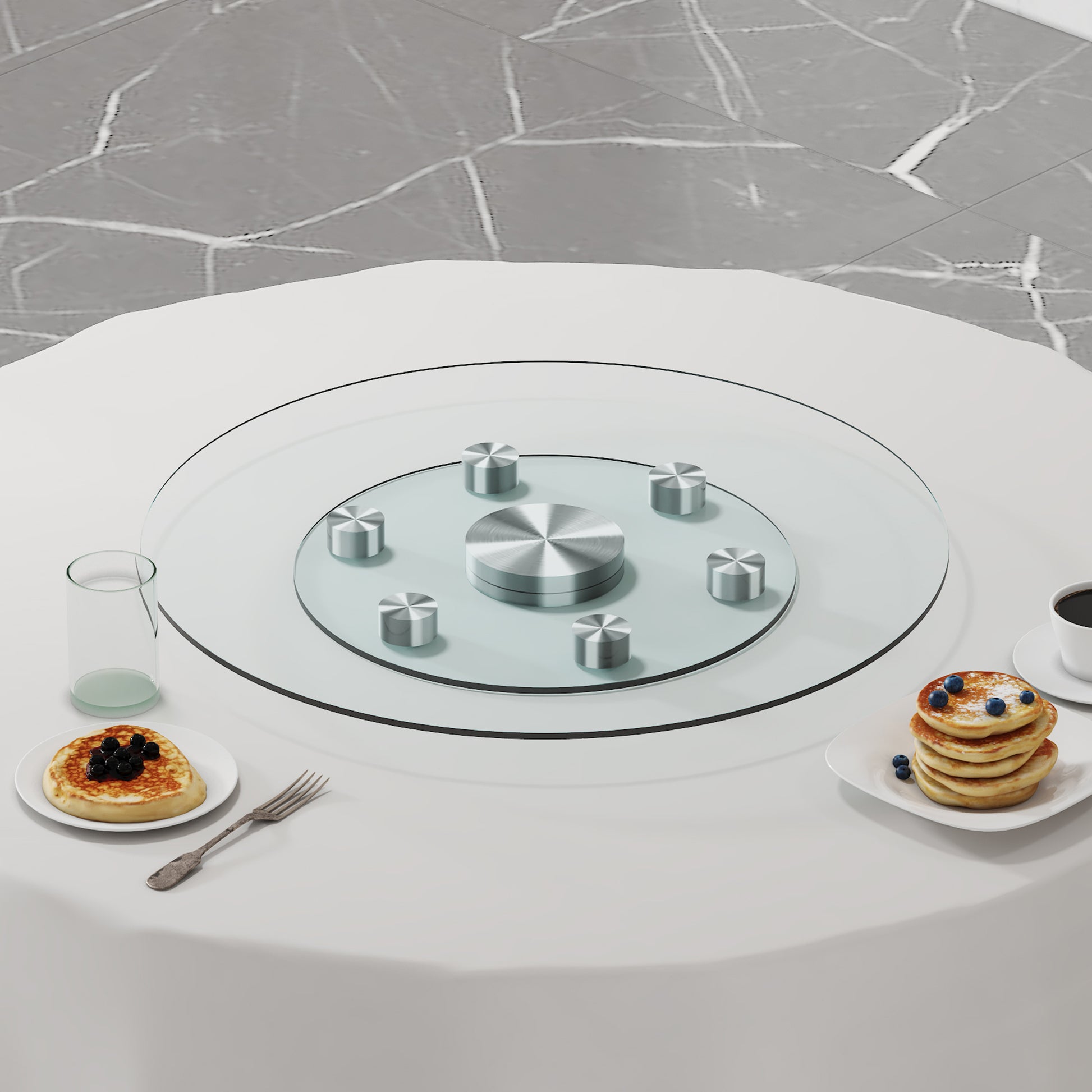 Double Layer Rotatable Round Glass.The Rotatable Design Makes It More Convenient To Retrieve And Place Items.The Upper Glass Has A Diameter Of 24 Inches, While The Lower Glass15 Inches. Transparent Glass