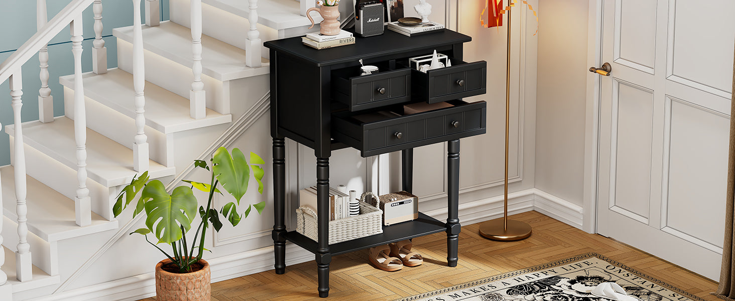 Narrow Console Table, Slim Sofa Table With Three Storage Drawers And Bottom Shelf Black Black Solid Wood Mdf