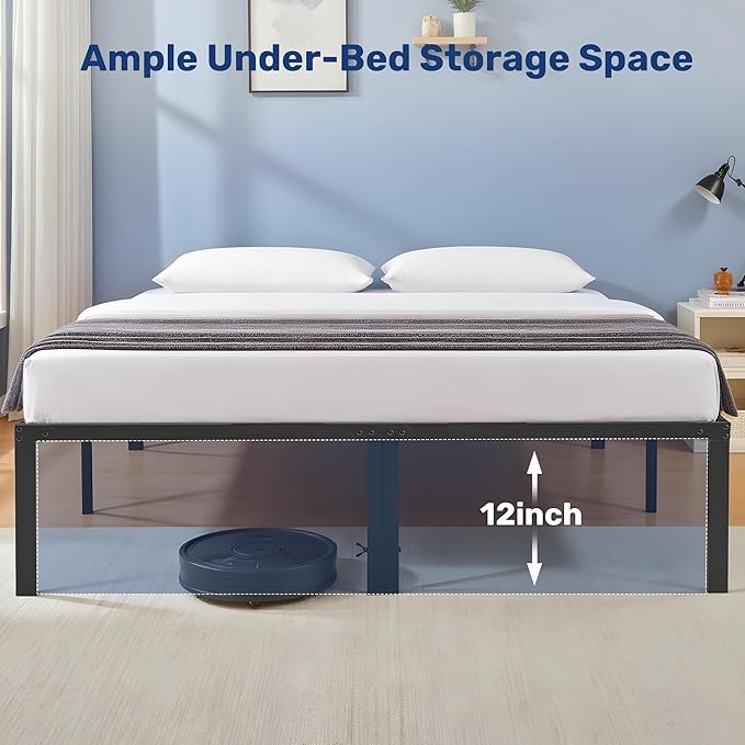 Full Size Bed Frame, 14 Inch Platform Bed No Box Spring Needed, Sturdy Metal Bed Frame Full Size, Storage Space Under The Bed Heavy Duty Frame Bed, Black Black Metal