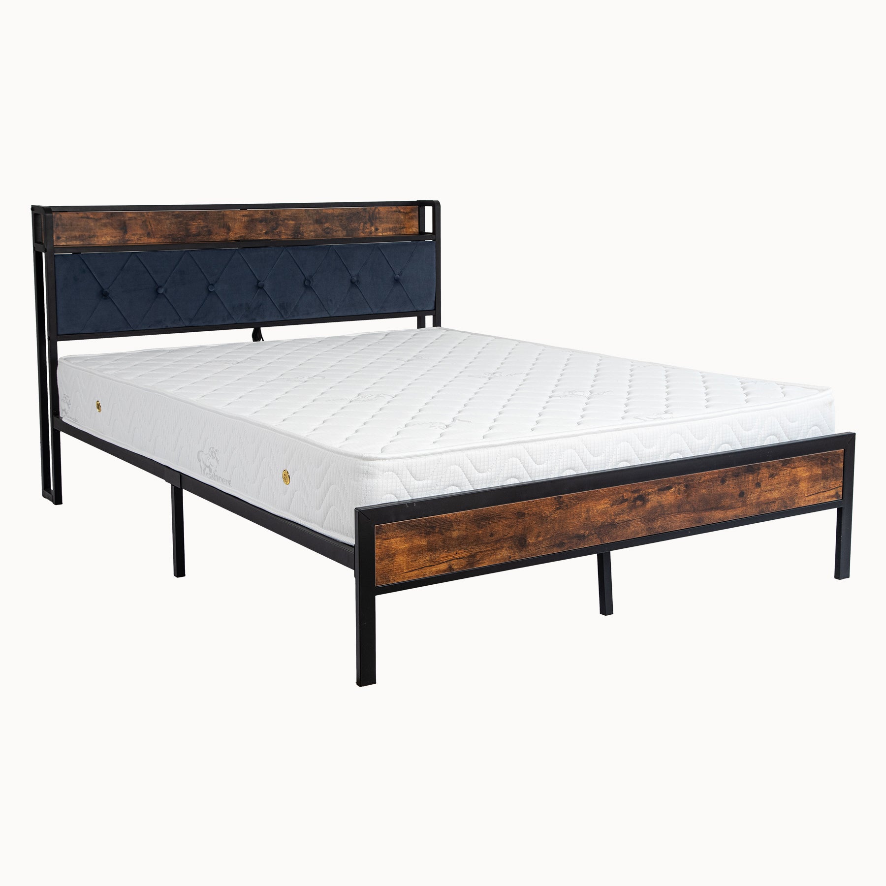 Black Full Metal Bed Frame With Upholstered Headboard And Footboard And Iron Slats, Rustic Bed Base, Heavy Duty Platform Bed Frame,12 Inch Underbed Storage No Springs Required Box Spring Required Full Black Dark Walnut Metal Brown Bedroom