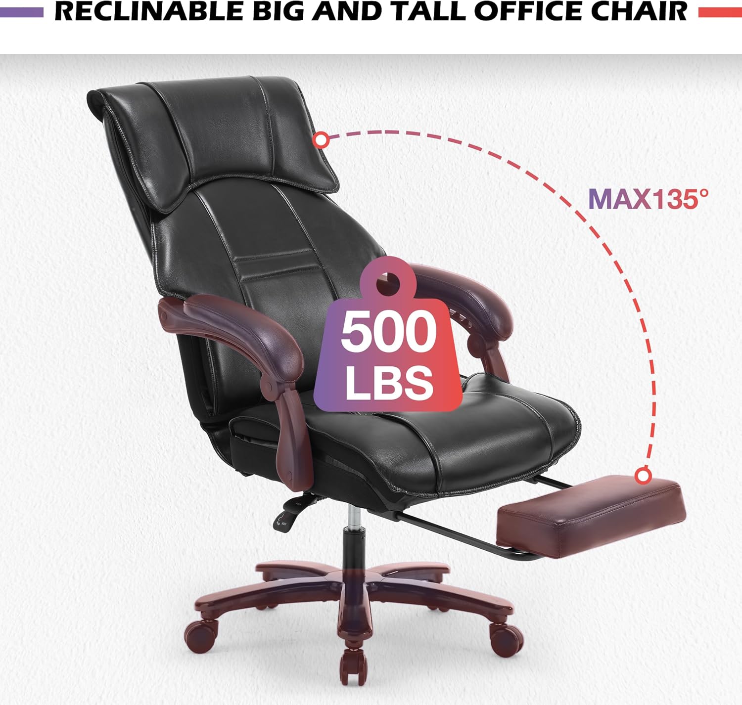 500Lbs Big And Tall Office Chair Wide Seat For Heavy People With Quiet Wheels Heavy Duty Metal Base High Back Larger Size Pu Leather Executive Office Chair With Footrest Back Reclining Alloy Steel Black Foam Faux Leather
