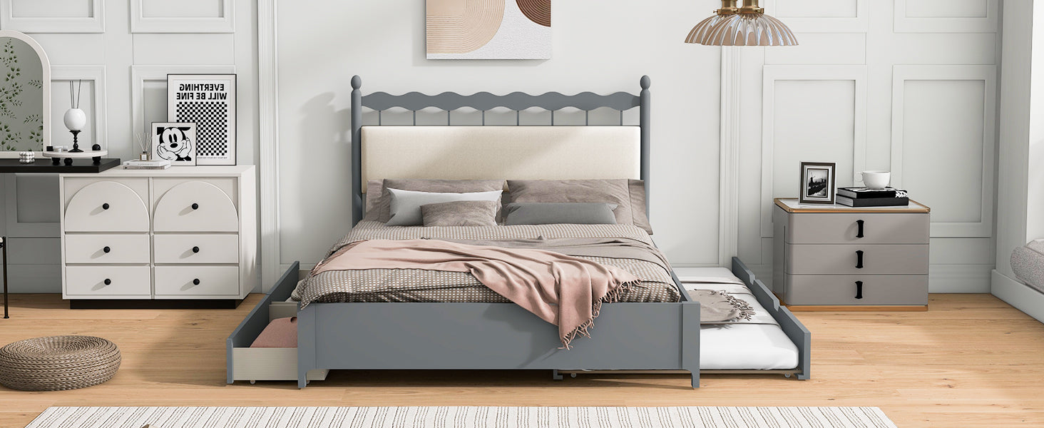 Queen Size Wooden Storage Platform Bed, With 2 Big Drawers, T Size Trundle, Gray Queen Gray Plywood