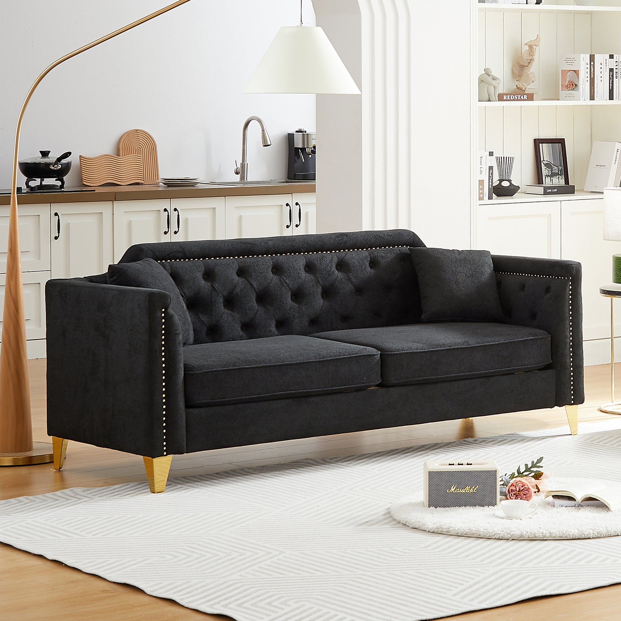 Fx81"Mid Century Design Modern Sofa,Chenille Pull Buckle Design Sofa For Living Room,Buttons Tufted With Copper Nail Decoration Armrest, With 2 Pillows,Modern Couch Upholstered Button And Metal Legs Black Chenille Pine Foam Fabric 3 Seat
