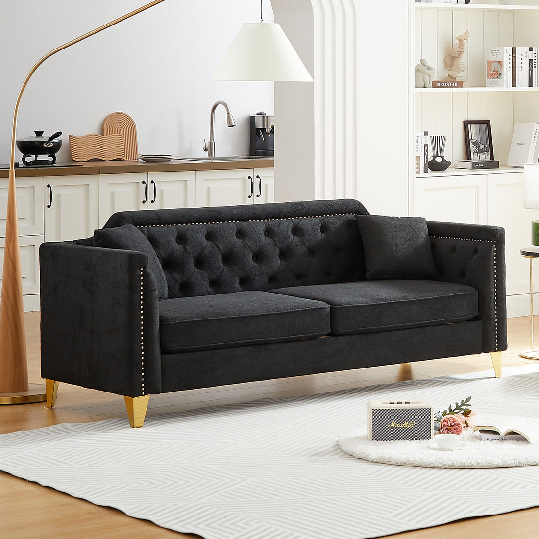Fx81"Mid Century Design Modern Sofa,Chenille Pull Buckle Design Sofa For Living Room,Buttons Tufted With Copper Nail Decoration Armrest, With 2 Pillows,Modern Couch Upholstered Button And Metal Legs Black Chenille Pine Foam Fabric 3 Seat