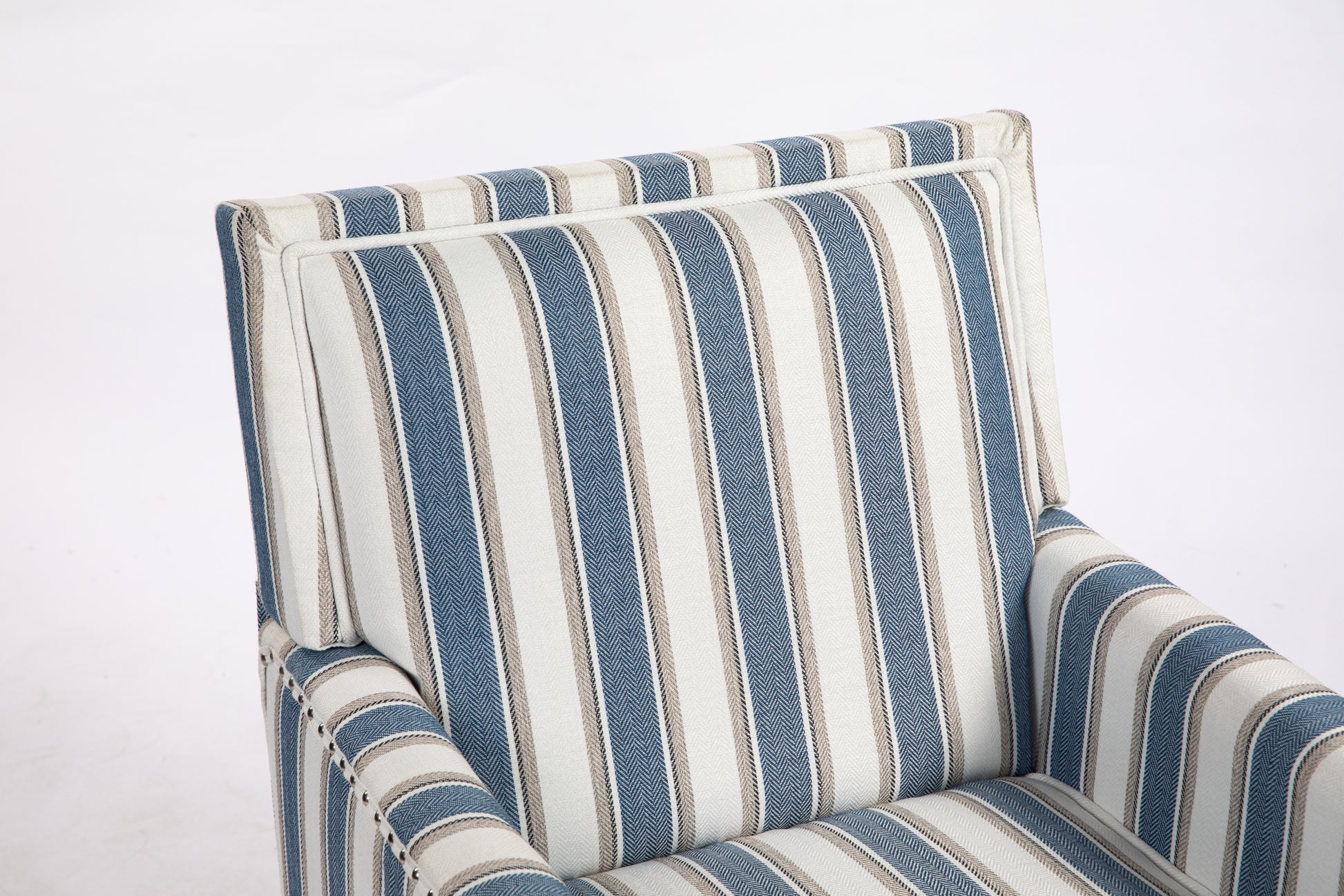Upholstered Accent Chair, Vintage Armchair With Blue And White Striped Linen Fabric And Trim For Living Room Blue Cotton