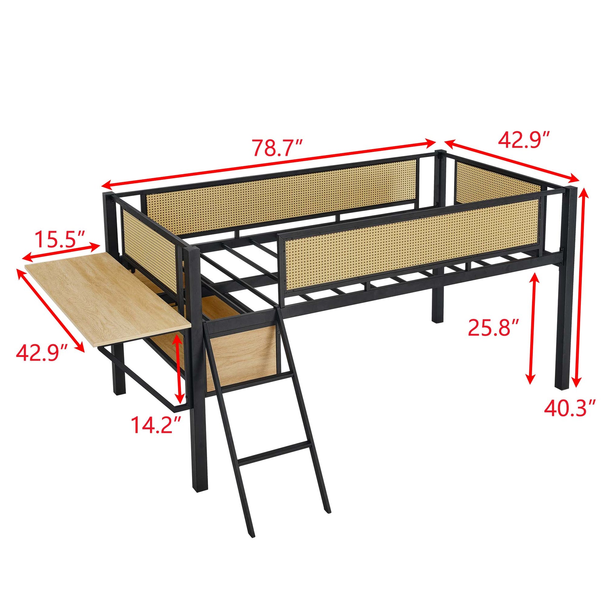 Single Metal Loft Bed With Rectangular Desk, Led Lights, Led Loft Bed Frame Double Bed With Storage Shelves And Hanging Storage Compartments, Safety Guard And Ladder, No Box Springs Required, Rattan G Twin Black Natural Mdf Iron
