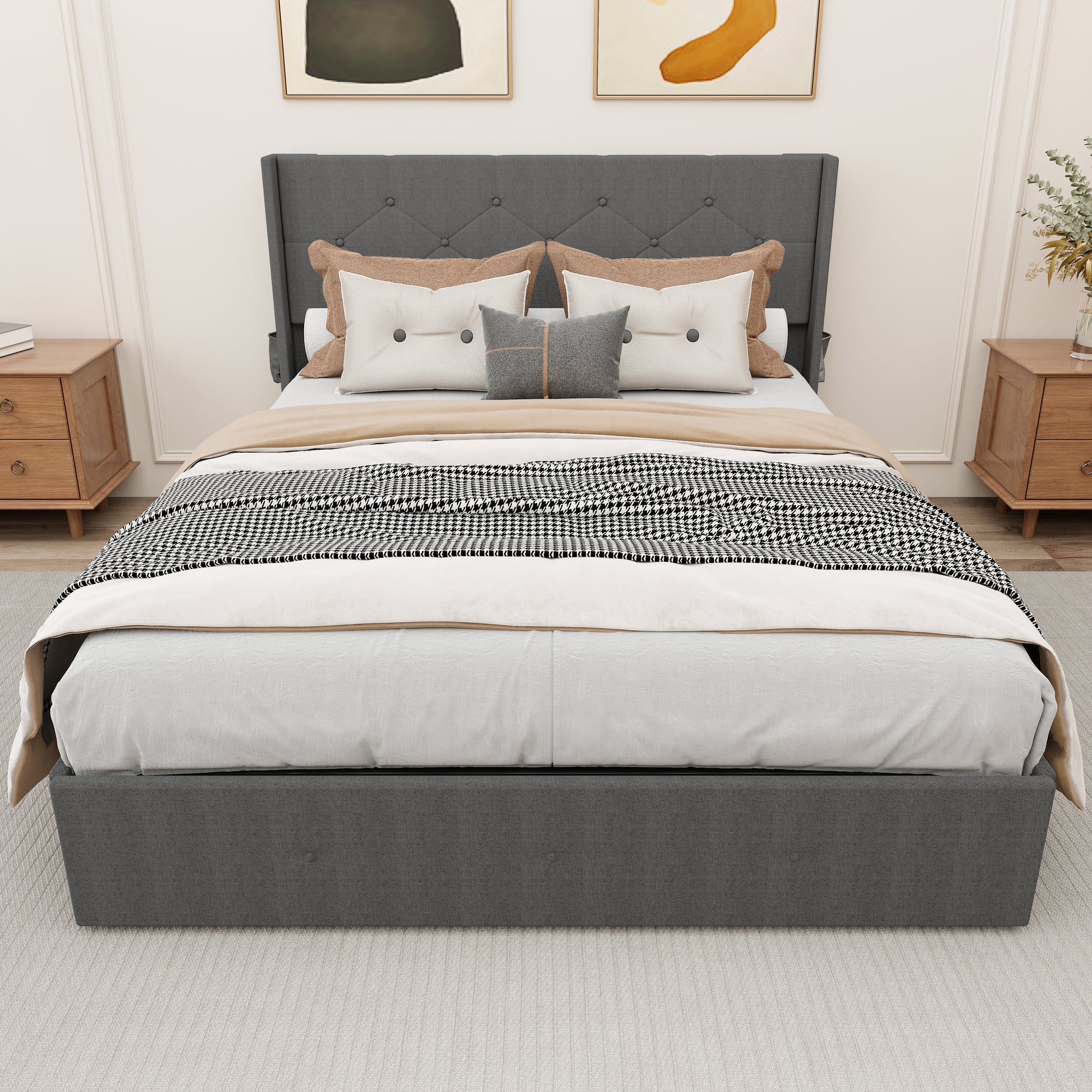 Queen Size Bed Frame With Storage Lift Up Storage Bed With Modern Wingback Headboard, Usb Ports Box Spring Not Required Queen Dark Gray Metal Bedroom Contemporary Bed Frame Foam Linen Upholstered