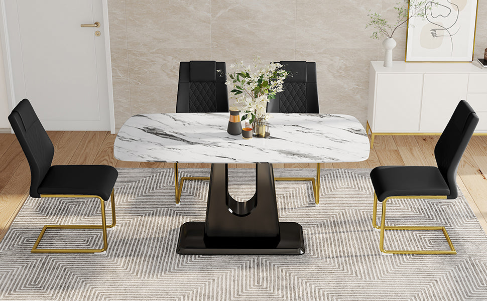 Table And Chair Set, Modern And Minimalist Dining Table, Imitation Marble Patterned Tabletop, Mdf Legs With U Shaped Brackets. Paired With Comfortable Chairs, Suitable For Dining And Living Rooms. Black Gold Mdf Glass
