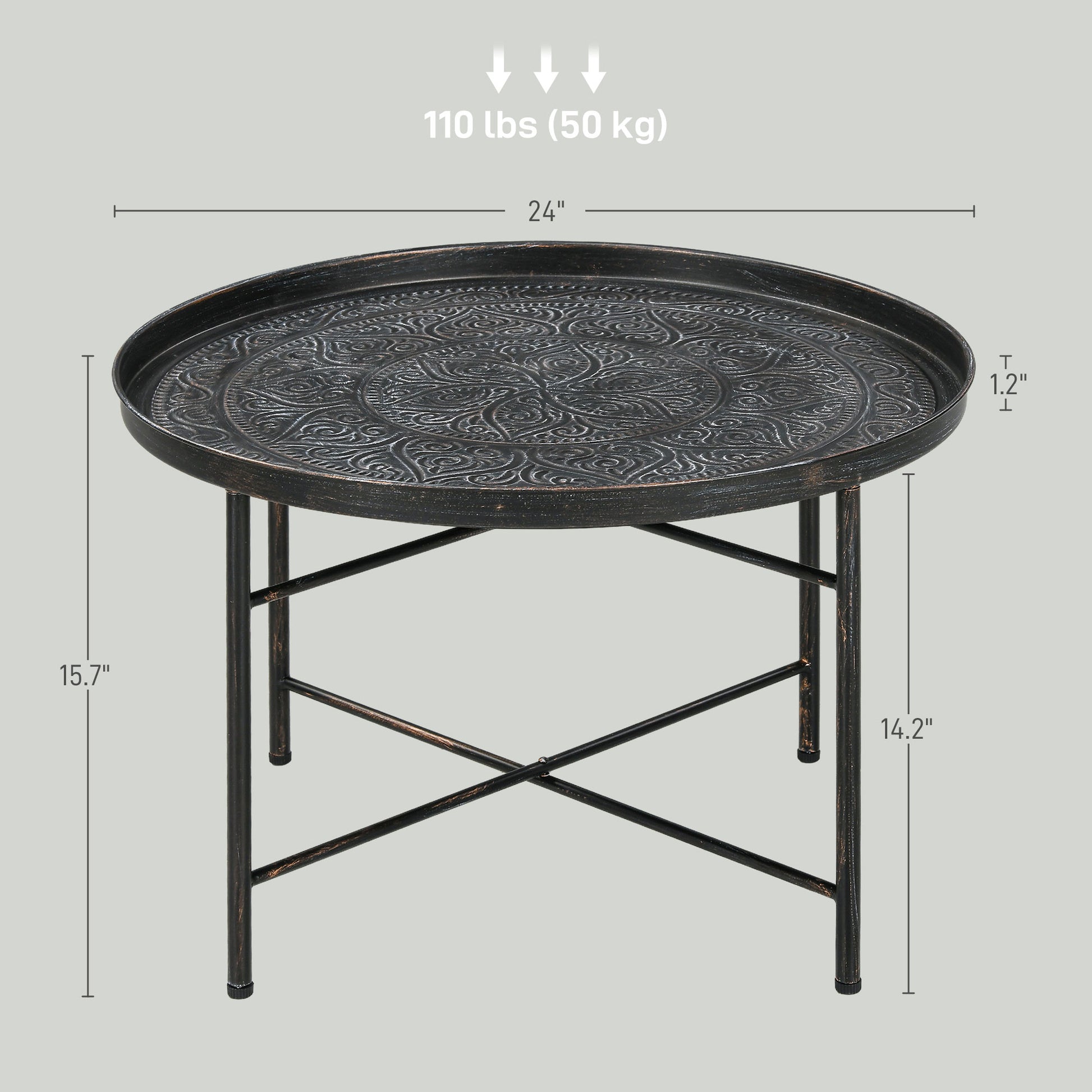 Homcom 24" Round Coffee Table With Hammered Tray Top, Vintage Metal Center Table For Living Room, Bedroom, Side Table, Pewter Pewter Metal