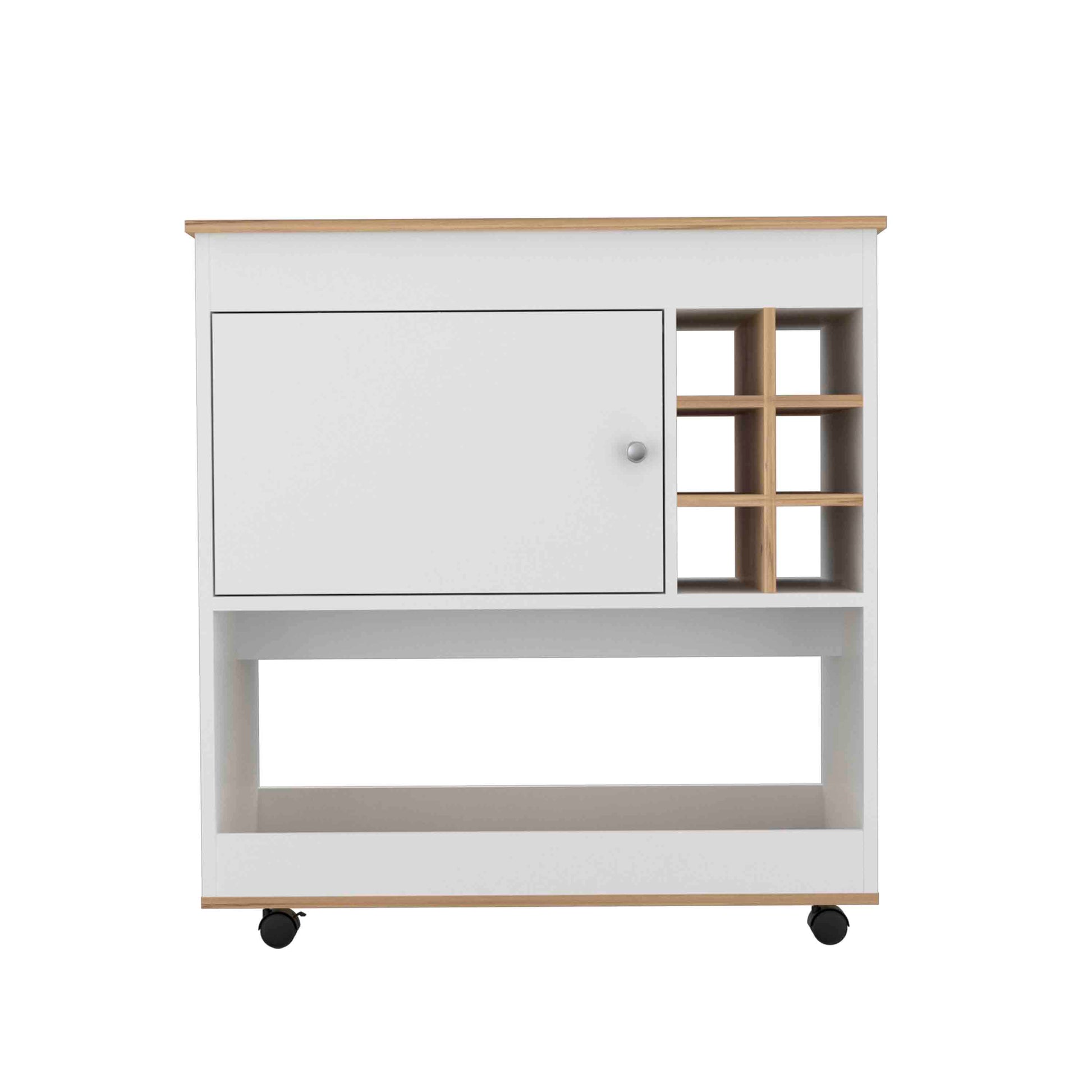 Camelia Bar Cart, Lower Panel, Six Bottle Cubbies, One Cabinet Light Oak White Multicolor Dining Room Modern Rectangular Particle Board Particle Board Medium 40 55In