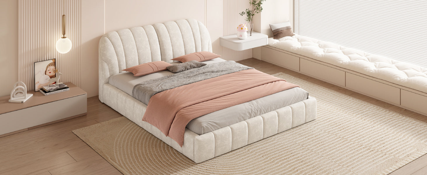 Queen Size Upholstered Platform Bed With Thick Fabric, Polyester, Beige Queen Beige Polyester