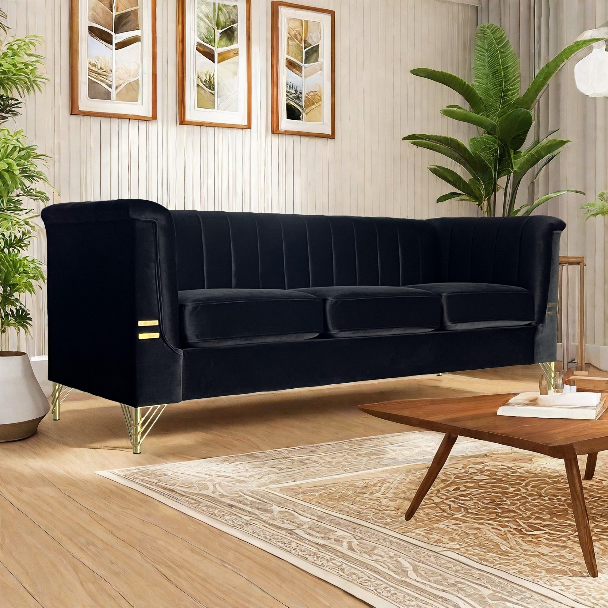 Fx P82 Bk Sofa Modern Sofa Couches For Living Room, 82.67Inches Velvet Velvet Tight Back Chesterfield Design Couch Upholstered Sofa With Metal Legs Decor Furniture For Bedroom Black Velvet 3 Seat