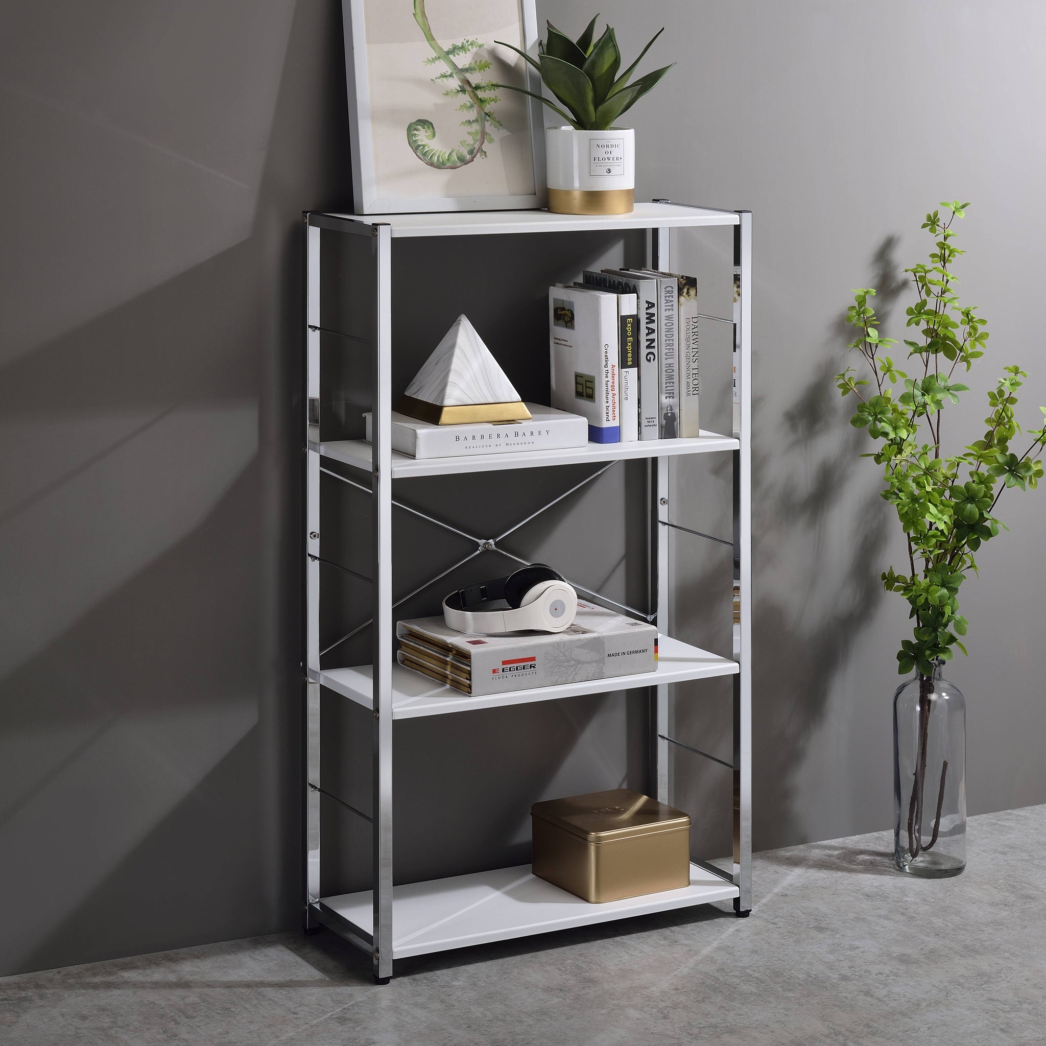 Tennos White & Chrome Finish Bookshelf White Metal,Synthetic Wood