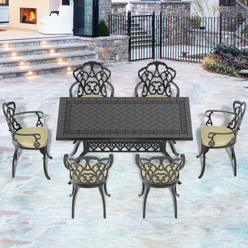 Cushions In Random Colors 7 Piece Set Of Cast Aluminum Patio Furniture With Cushions Yes Dining Set Black Seats 6 Rust Resistant Frame Water Resistant Cushion Garden & Outdoor Complete Patio Sets Aluminium