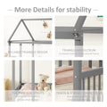 Full Size Floor Wooden Bed With House Roof Frame And Safety Guardrails ,Gray Full Gray Pine
