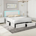 Full Size Led Bed Frame With 4 Storage Drawers, Smart Control Rgb Led Lights On Headboard,With Remote Control, Upholstered Adjustable Headbaord,Pu Leather White Pu Mdf Metal