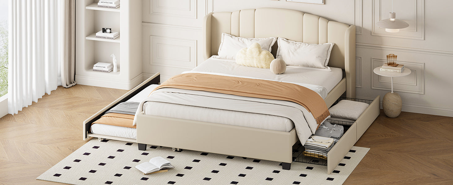 Upholstered Platform Bed With Wingback Headboard, One Twin Trundle And 2 Drawers, No Box Spring Needed, Linen Fabric, Queen Size, Beige Beige Linen