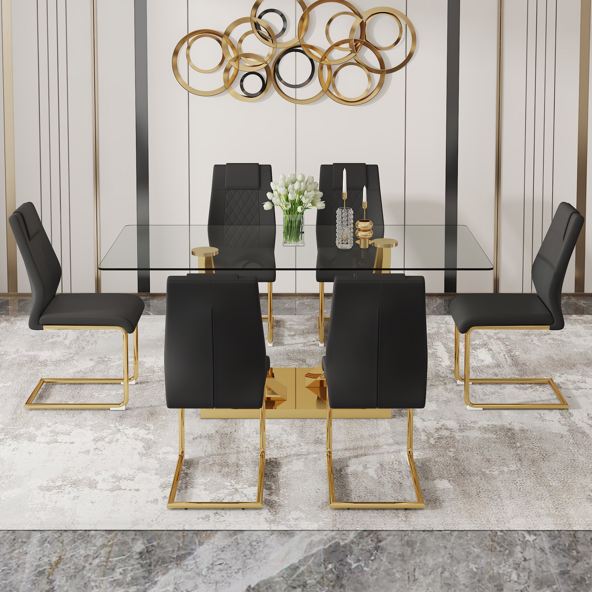 Table And Chair Set.Modern Rectangular Dining Table With Transparent Tempered Glass Tabletop And Gold Plated Metal Legs.Paried With 6 Comfortable Chairs With Pu Seats And Golden Metal Legs. Black Gold,Transparent Seats 6 Glass Metal