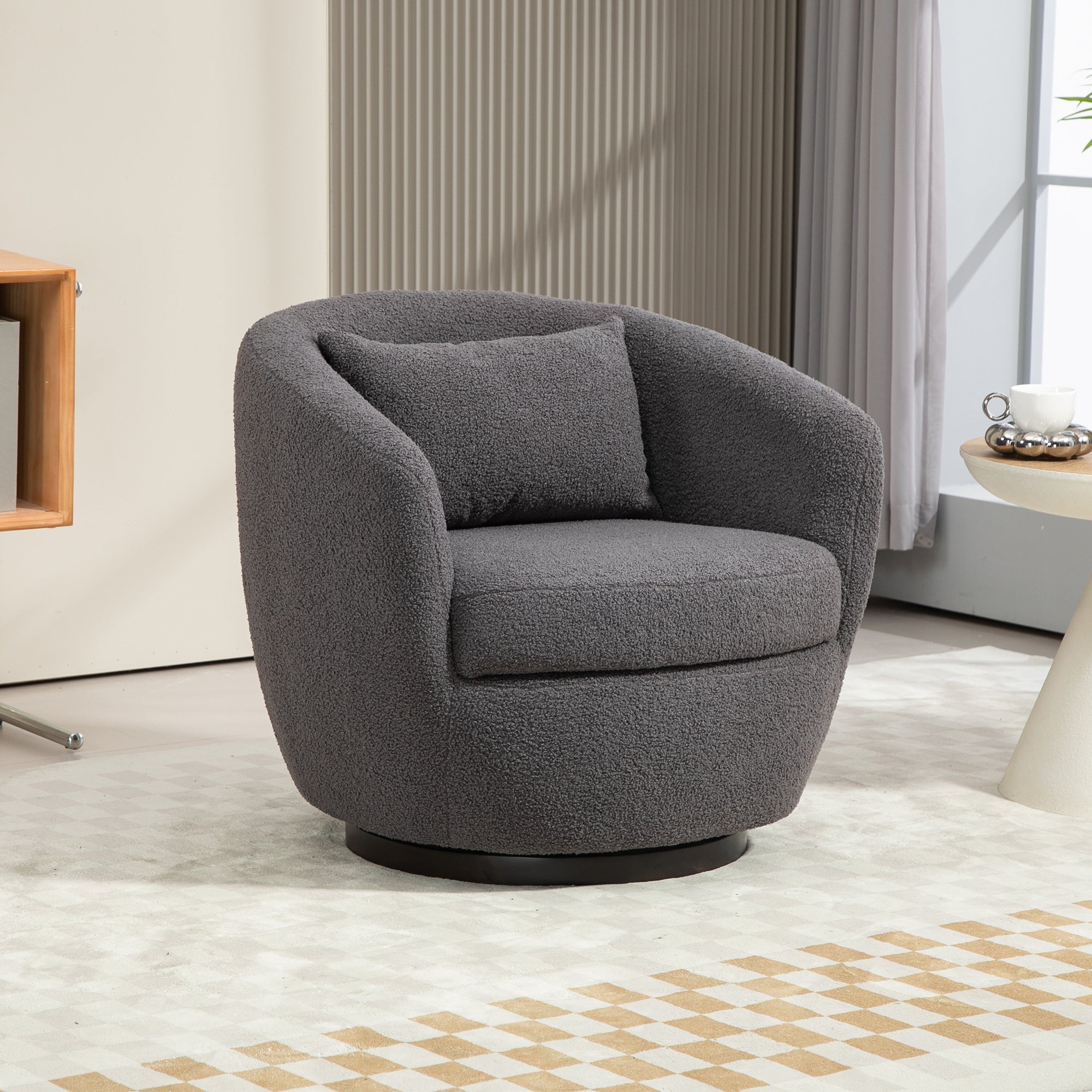 Upholstered Swivel Barrel Armchair With Storage Modern Living Room Side Chair For Bedroom Office Reading Spaces Teddy Fabric Grey Grey Foam Upholstered