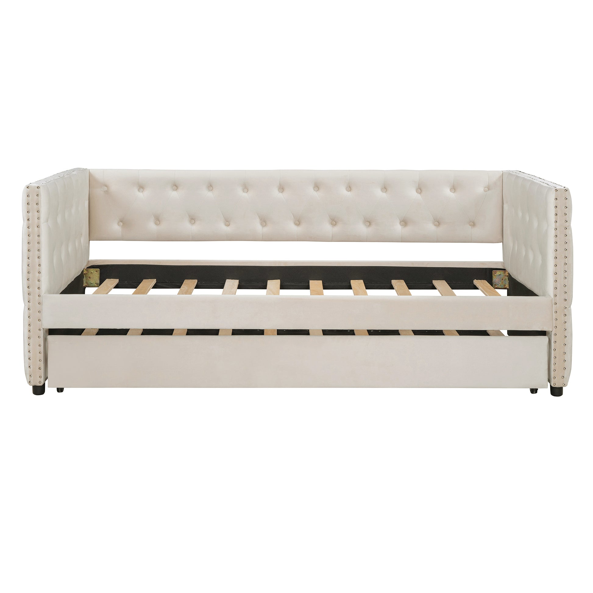 Twin Size Tufted Upholstered Daybed With Trundle, Velvet Sofabed With Rivet Design, No Box Spring Needed,Beige Twin Beige Velvet