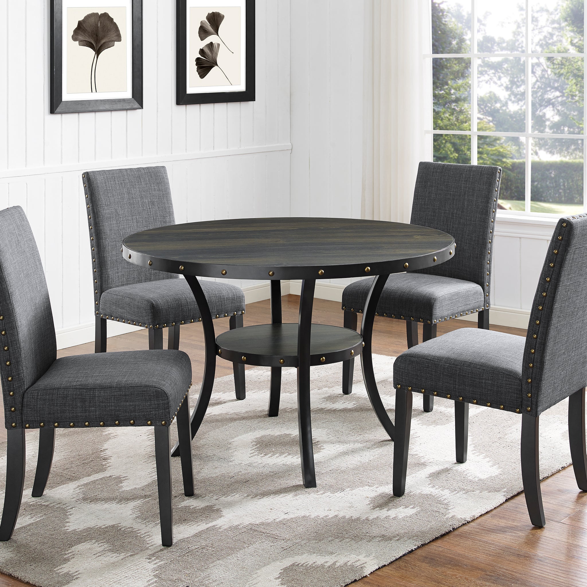 Biony Espresso Wood Dining Set With Gray Fabric Chairs Wood Dining Room Fixed Table Rubberwood Round Dining Table With Chair Wood Wood Black Gray Seats 4 48 Inches Round 4 Leg Solid Wood