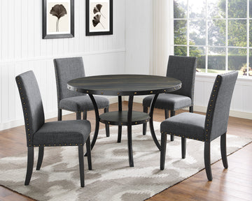 Biony Espresso Wood Dining Set With Gray Fabric Chairs Wood Dining Room Fixed Table Rubberwood Round Dining Table With Chair Wood Wood Black Gray Seats 4 48 Inches Round 4 Leg Solid Wood