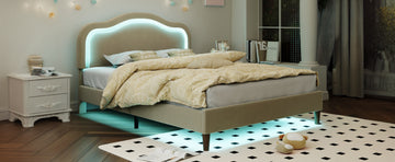 Full Size Velvet Upholstered Smart Led Bed Frame With Adjustable Height Headboard,No Box Spring Needed,Easy Assembly,Beige Box Spring Not Required Full Beige Wood Bedroom Cute,Modern Bed Frame Wood