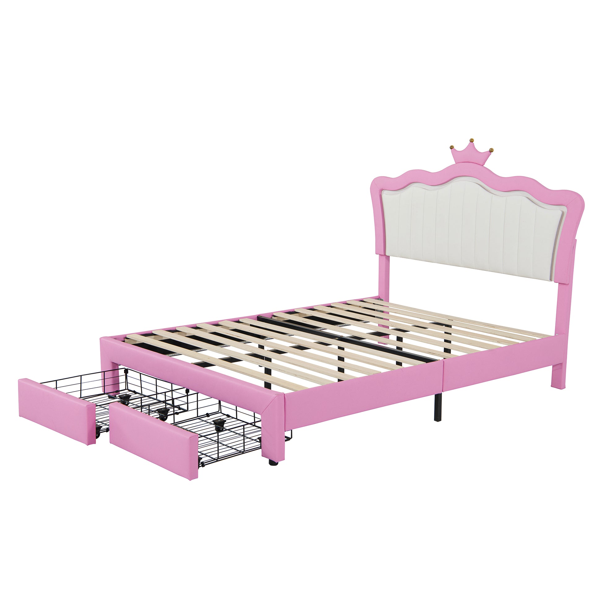 Full Size Upholstered Bed Frame With Led Lights, Modern Upholstered Princess Bed With Crown Headboard, 2 Drawers, Pink White Box Spring Not Required Full Pink White Wood Bathroom Modern Bed Frame Pu