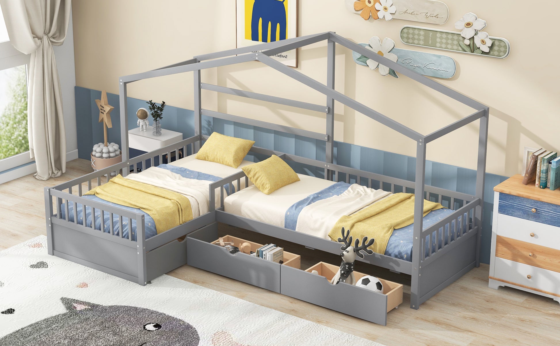 Twin Size House Platform Bed With Three Storage Drawers,Gray Box Spring Not Required Twin Gray Wood Bedroom Pine