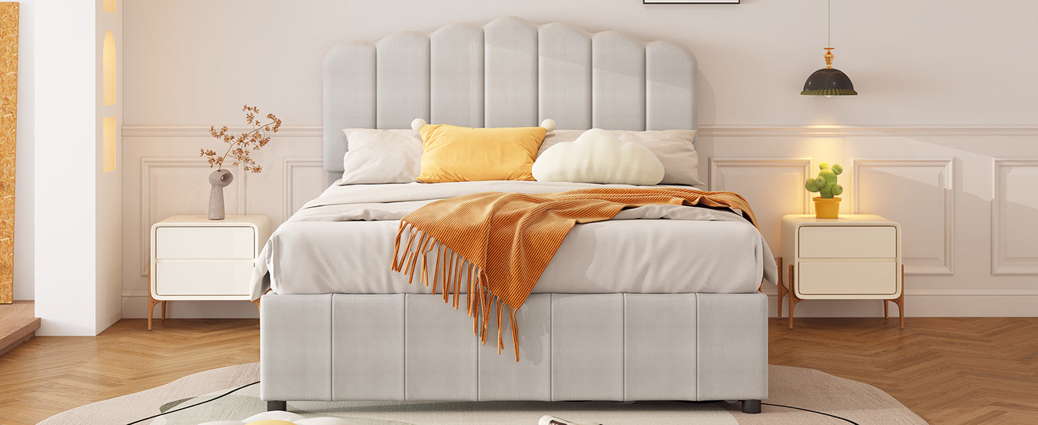 Full Size Upholstered Bed With 4 Storage Drawers,Wood Slat Support, Beige Full Beige Upholstered