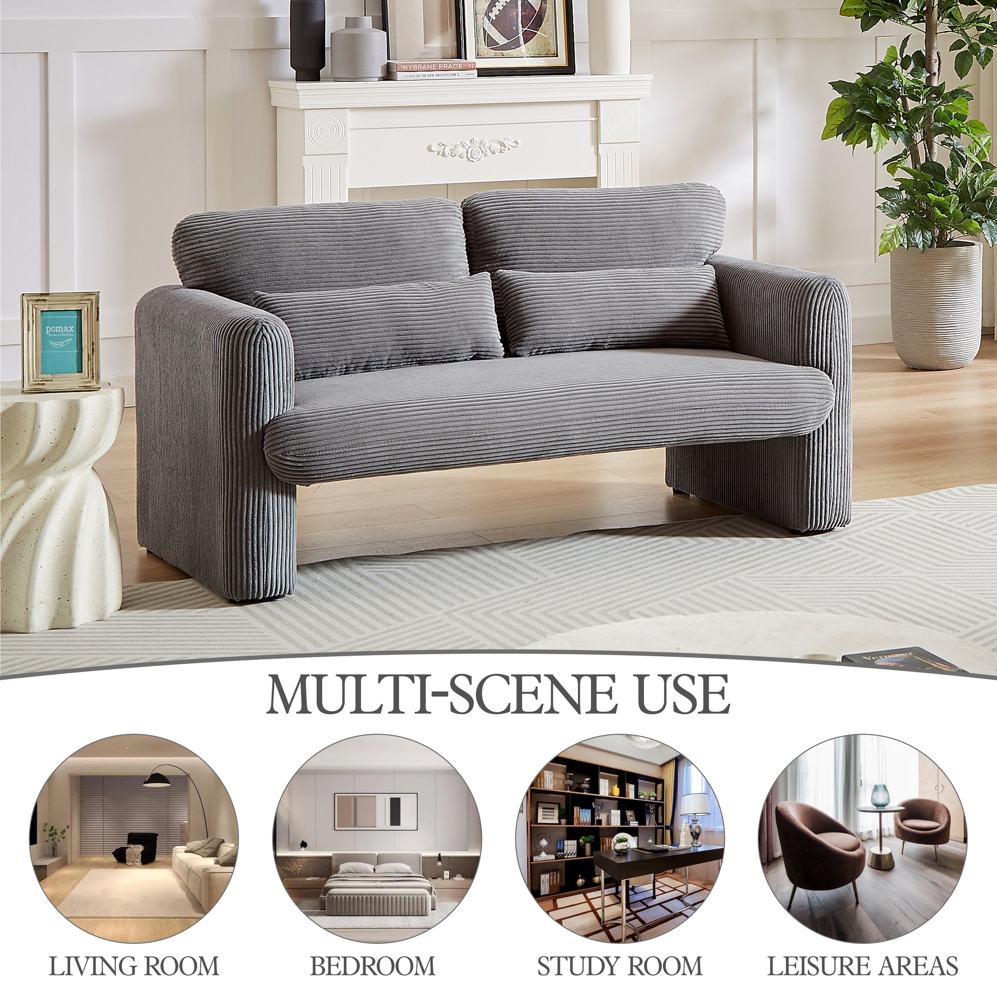 60"Corduroy Fabric Loveseat Sofa With 60"Loveseat Sofa, Modern Sofa With Support Pillow, For Apartment, Office, Living Room & Bedroom Grey Corduroy 2 Seat