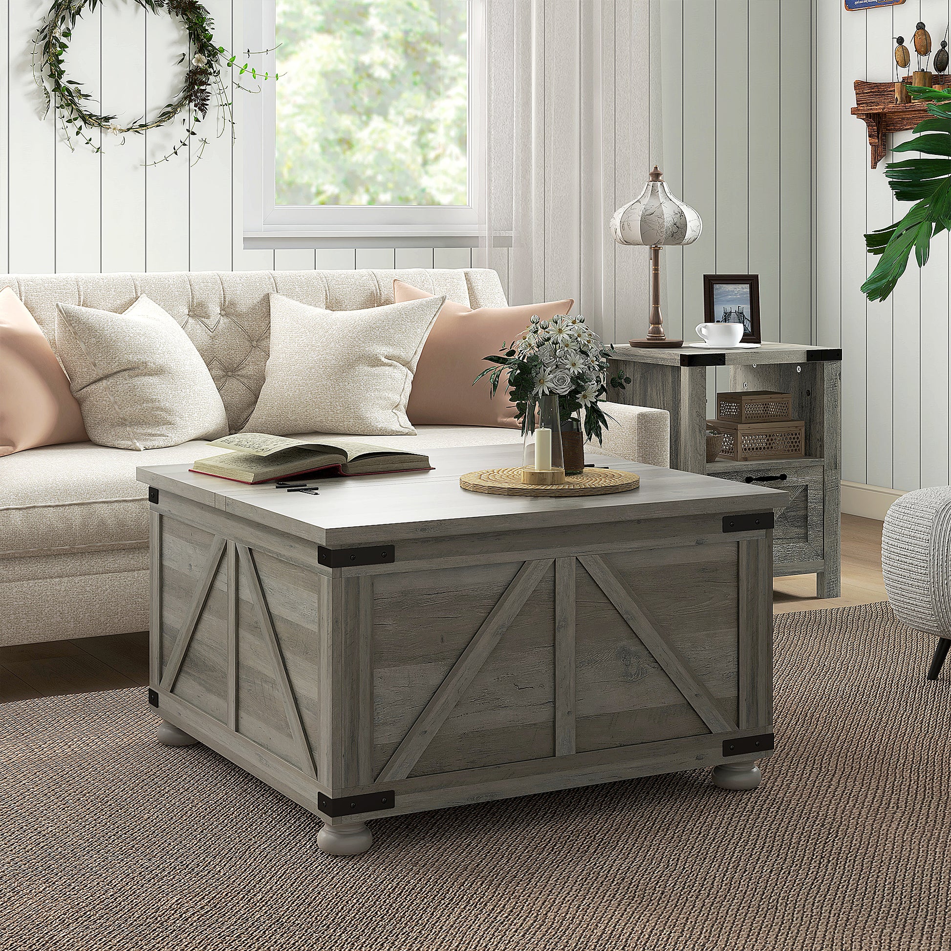 Homcom Farmhouse Coffee Table, Square Coffee Table With Storage For Living Room, Center Table With Hinged Flip Lift Top And Hidden Space, Distressed Gray Gray Particle Board