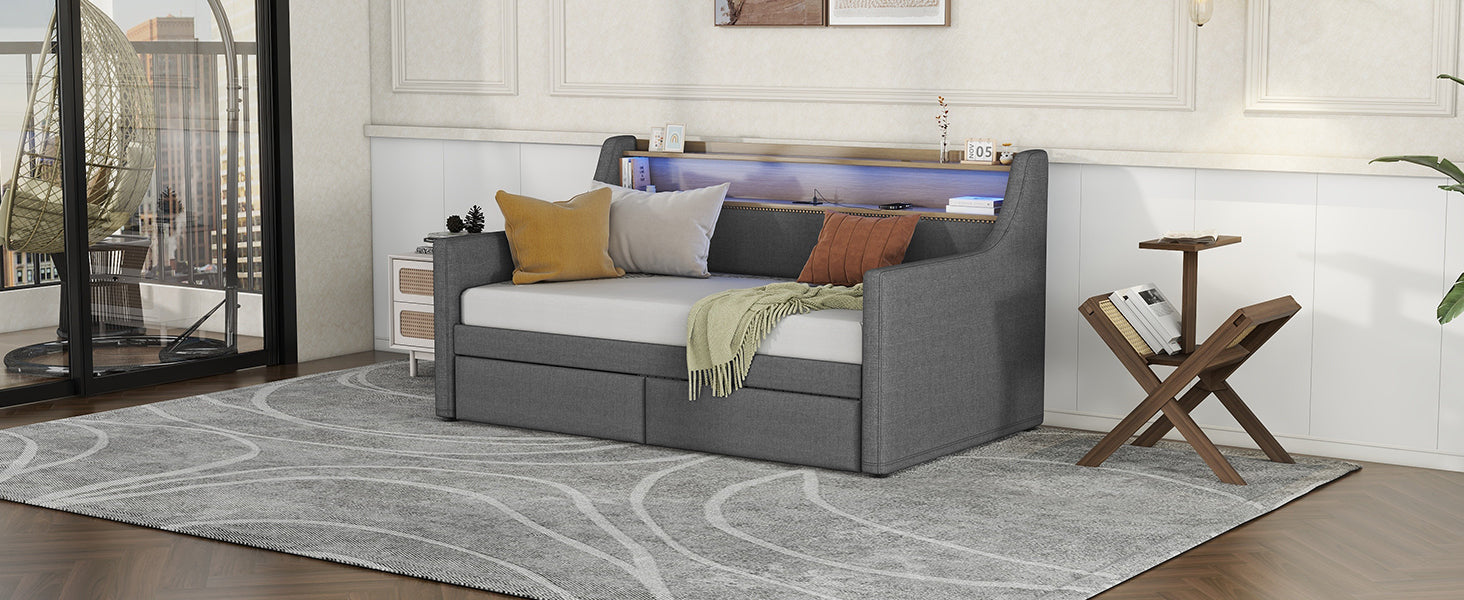 Twin Size Daybed With Storage Drawers, Upholstered Daybed With Charging Station And Led Lights, Gray Old Item W1580S00023 Twin Gray Linen