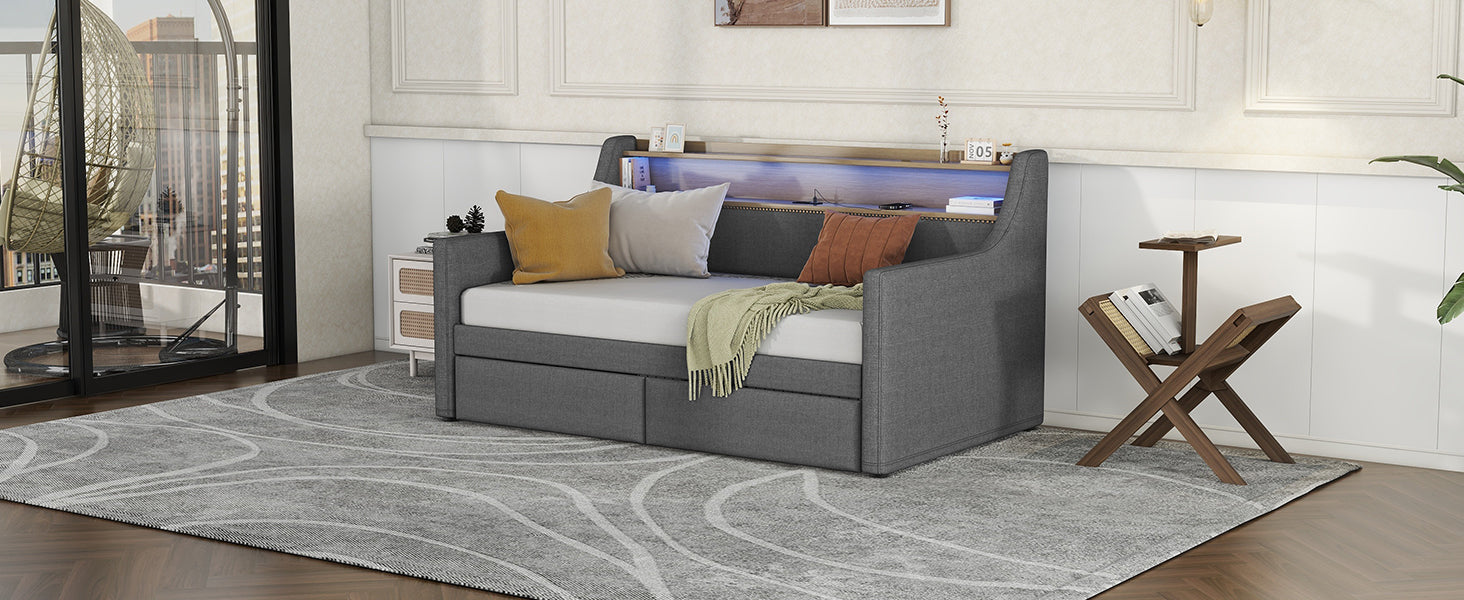Twin Size Daybed With Storage Drawers, Upholstered Daybed With Charging Station And Led Lights, Gray Old Item W1580S00034 Twin Gray Linen