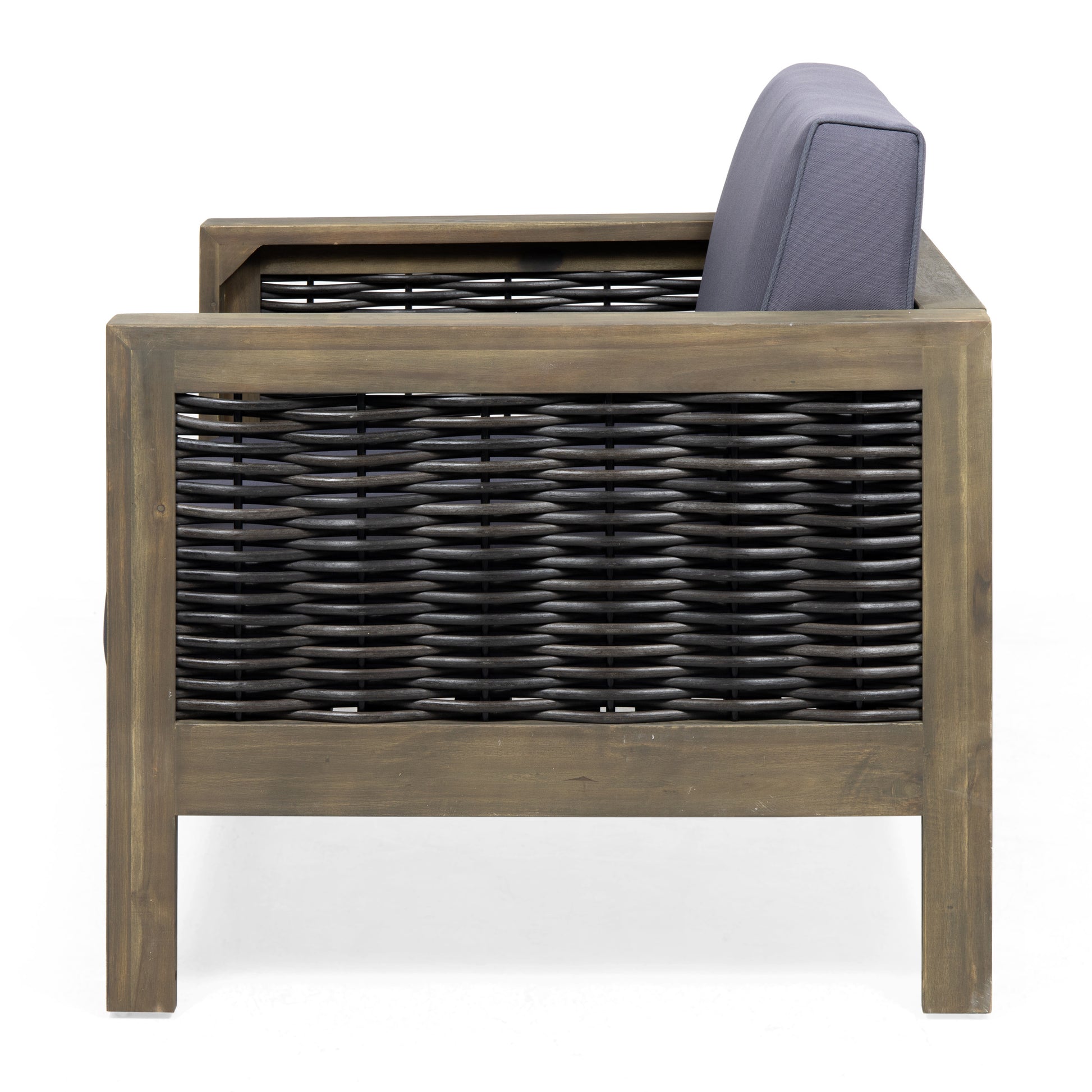 Outdoor Acacia Wood Club Chair With Wicker Accents, Gray Mixed Gray Brown, 30.25"D X 27.5"W X 23.75"H Gray Acacia Wood