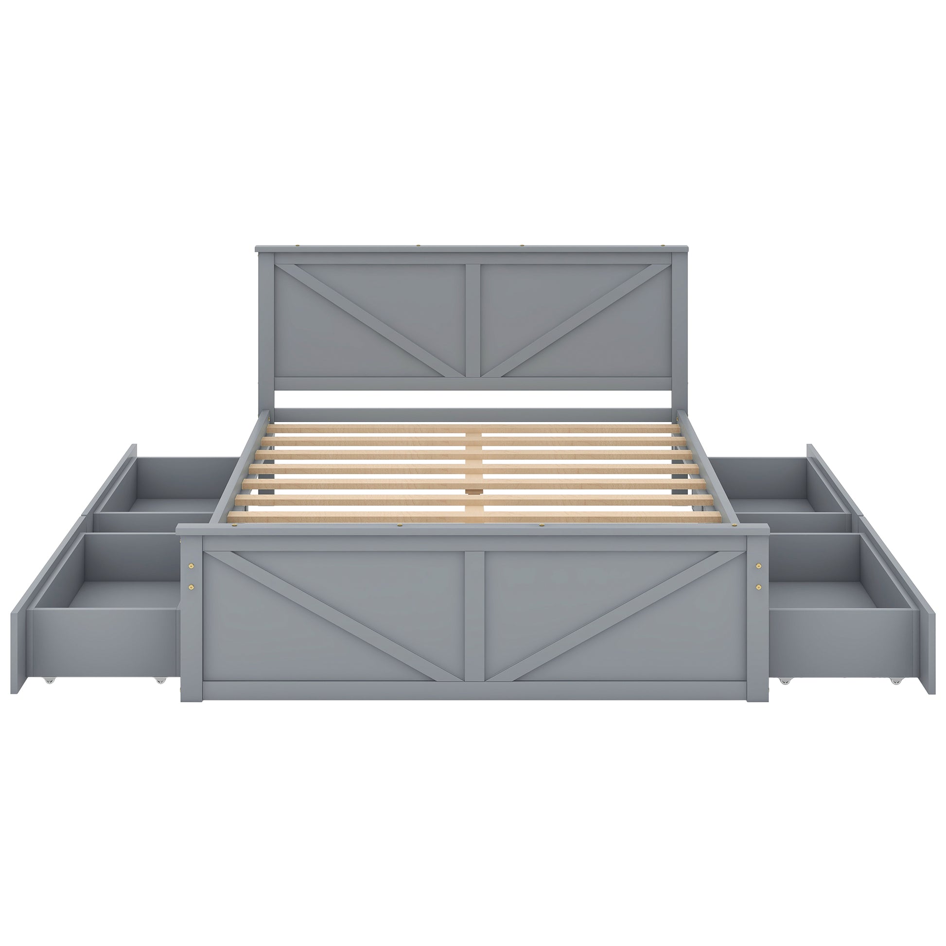 Queen Size Wooden Platform Bed With Four Storage Drawers And Support Legs, Gray Queen Gray Pine