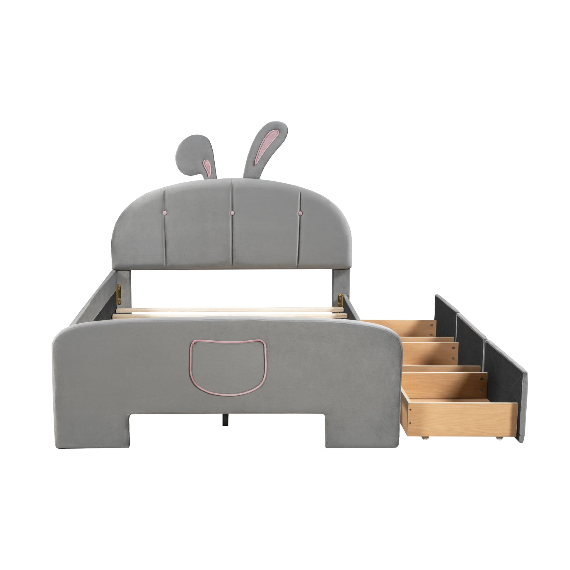 Full Size Velvet Platform Bed With Rabbit Shaped Headboard, With Drawers, With Bed End Storage Pocket, Gray Full Gray Plywood