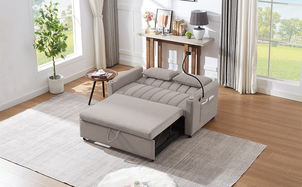 55.9" Convertible Sofa Bed Loveseat Sofa With Three Usb Ports, Two Side Pockets, Two Cup Holders And 360 Swivel Phone Holder For Living Room, Light Grey Light Grey Foam Polyester