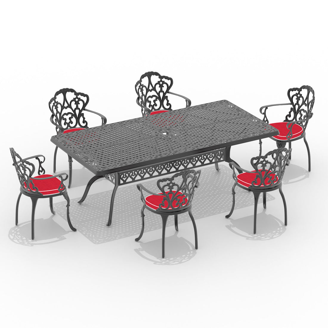 Cushions In Random Colors 7 Piece Set Of Cast Aluminum Patio Furniture With Cushions Yes Dining Set Black Seats 6 Rust Resistant Frame Water Resistant Cushion Garden & Outdoor Complete Patio Sets Aluminium