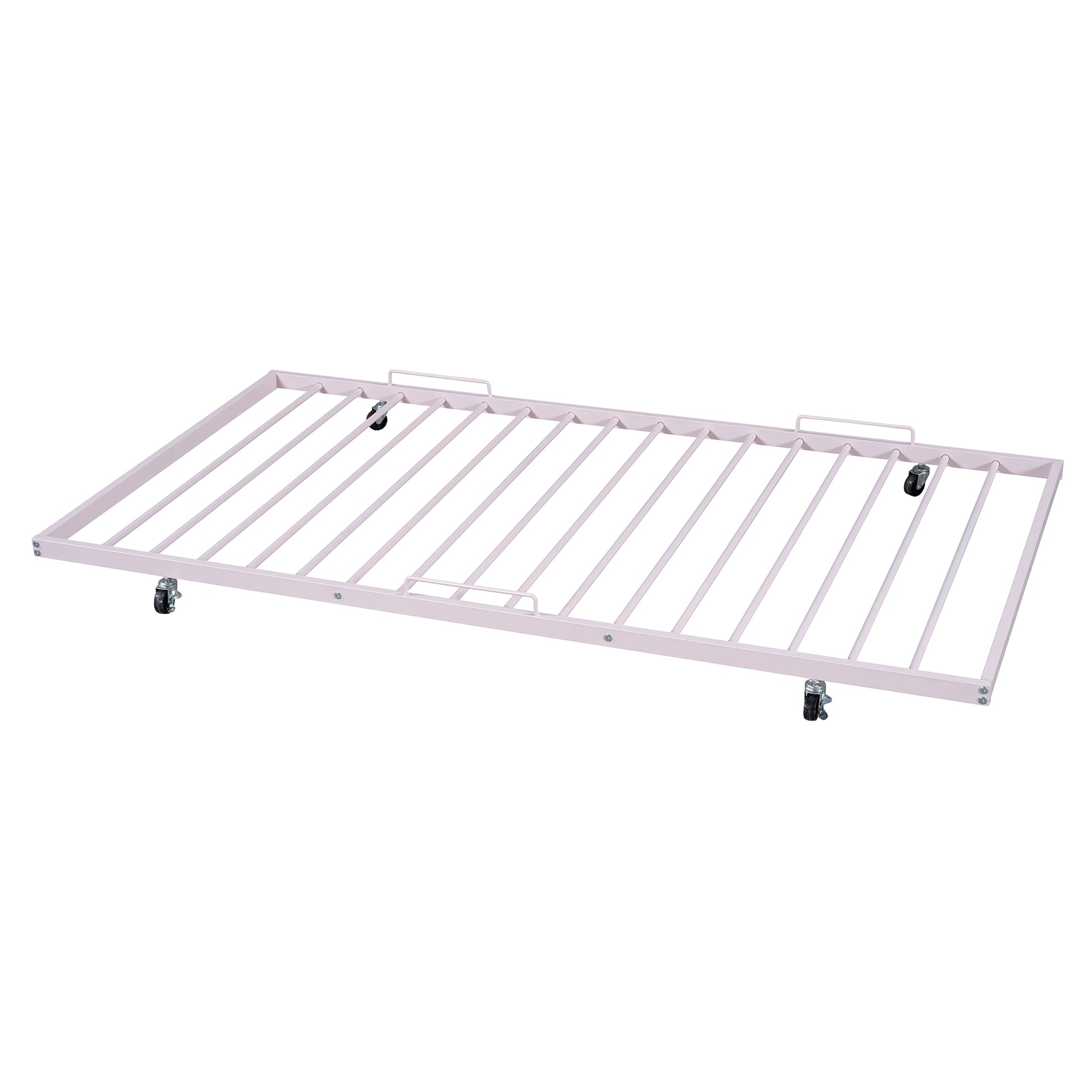 Full Size Metal Platform Bed With Twin Size Trundle,House Shaped Headboard Design, Pink Full Pink Metal