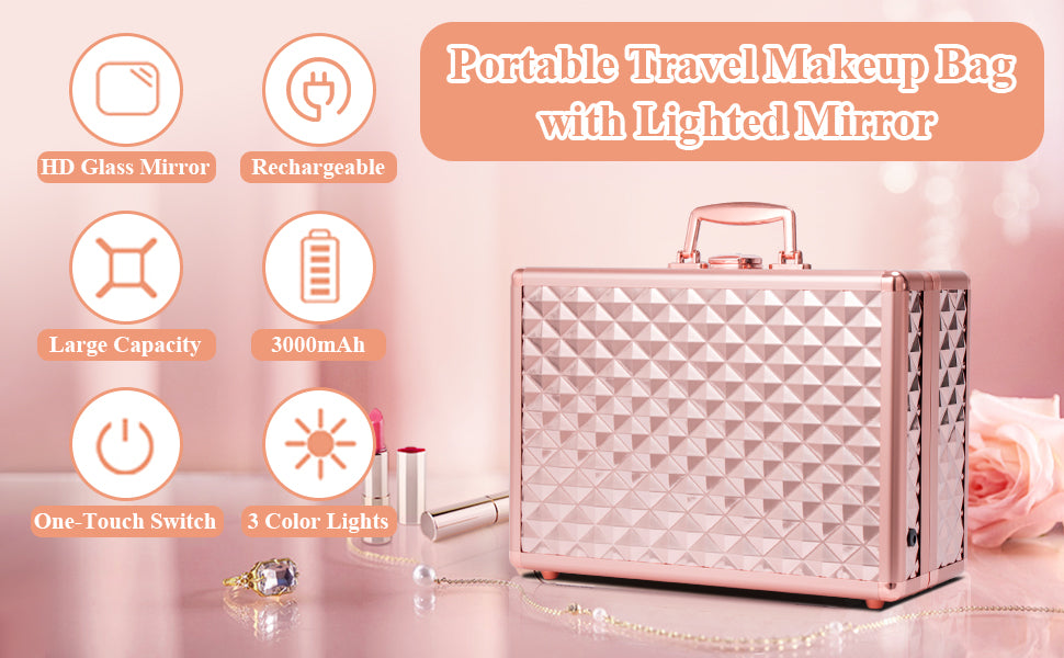 Portable Makeup Case With Led Mirror Travel Makeup Bag Cosmetic Organizer Box With Locks, Brush Holder, Dividers, Rechargeable, Rose Gold Rose Gold Aluminium Alloy