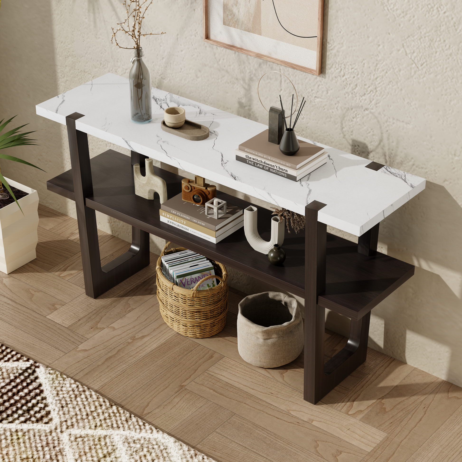 Retro Elegant Console Table With Marble Effect Top And Versatile Storage Solutions For Entryway And Living Room Espresso Espresso Solid Wood Mdf