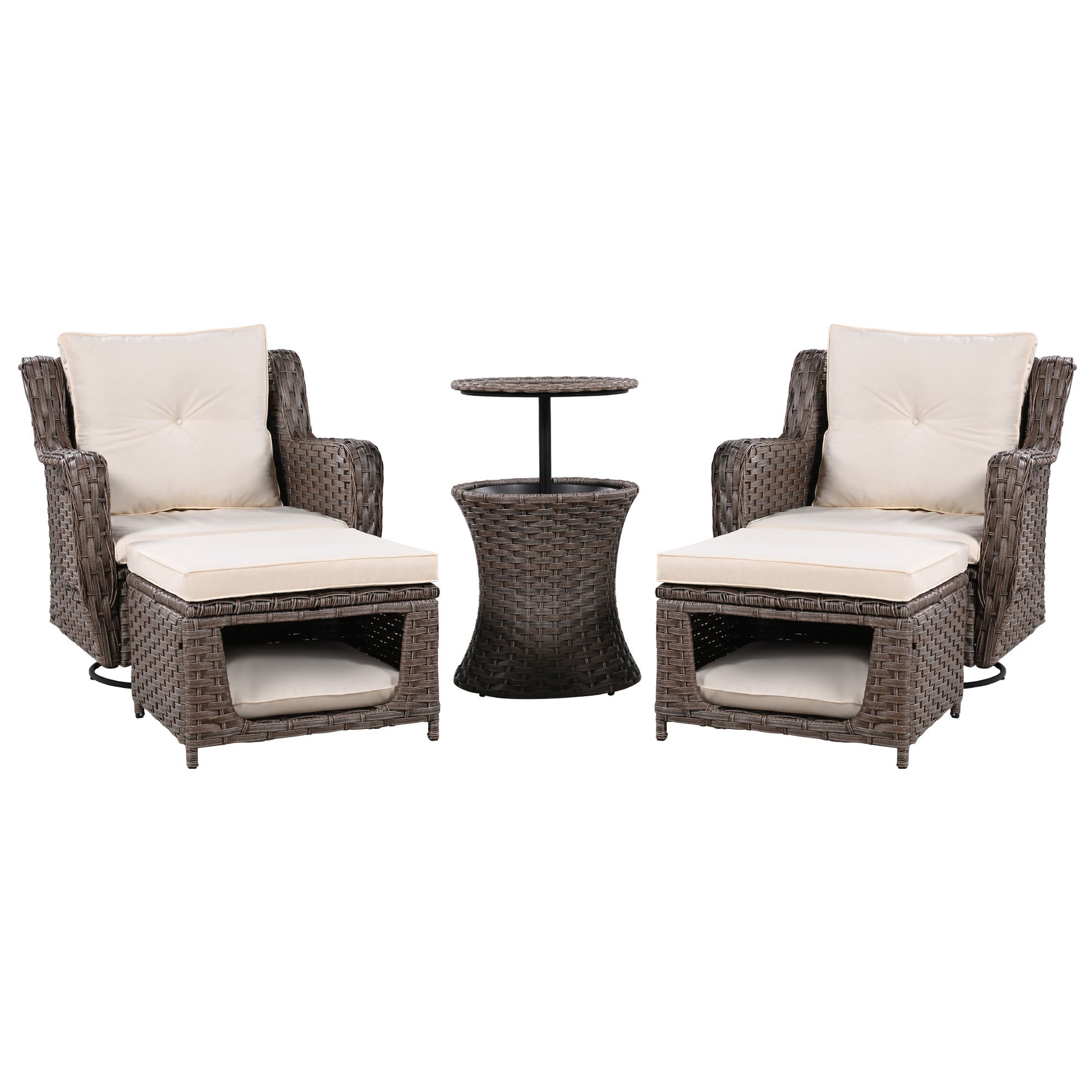 K&K 5 Pieces Outdoor Patio Furniture Set With Pet House Cool Bar And Retractable Side Tray, Rattan Wicker Patio Swivel Rocking Chairs Set Of 2 With Ottomans For Backyard, Porch, Balcony, Beige Yes Rocker & Glider Brown Beige Seats 2 Weather Resistant