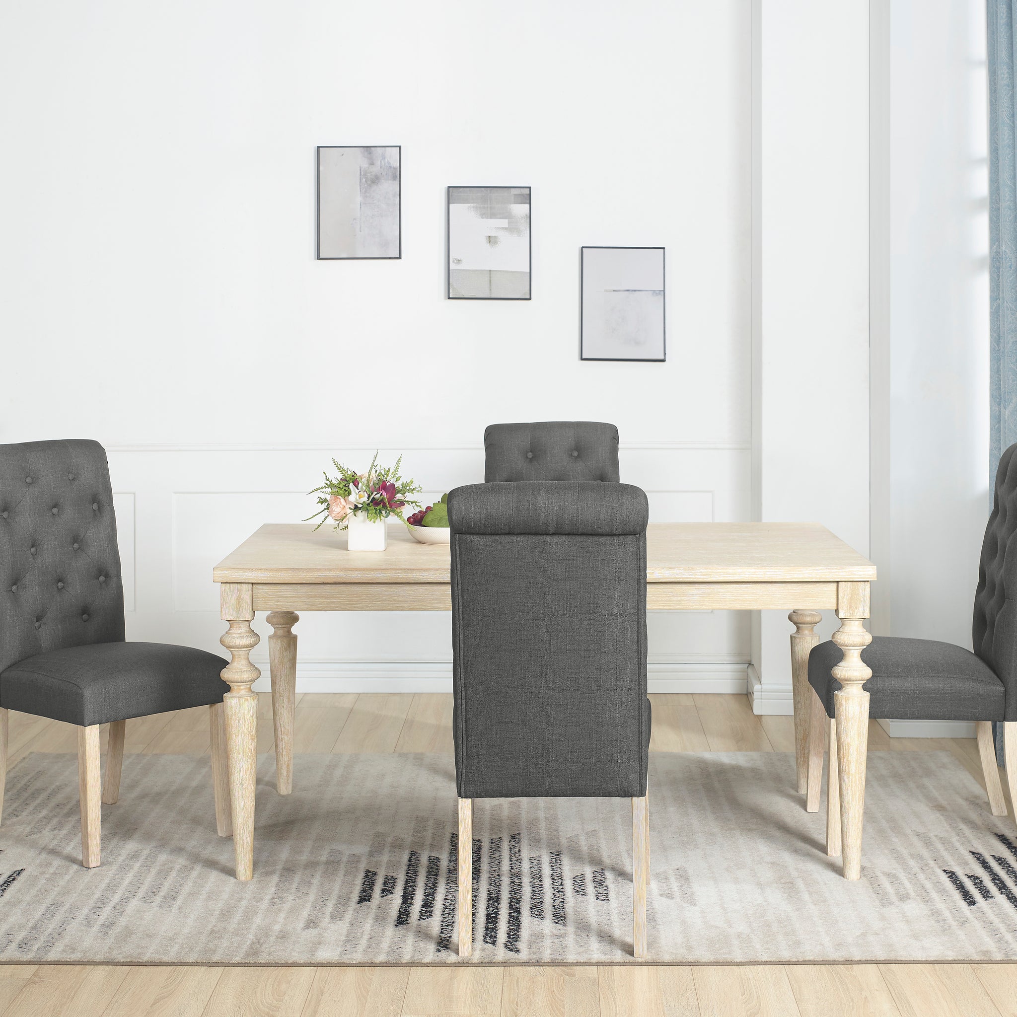 Amonia 5 Piece Dining Set, Turned Leg Dining Table With 4 Tufted Chairs Light Brown Wood Dining Room Fixed Table Rubberwood Rectangular Dining Table With Chair Wood Wood Beige Brown Seats 4 Rectangular 4 Leg Mdf