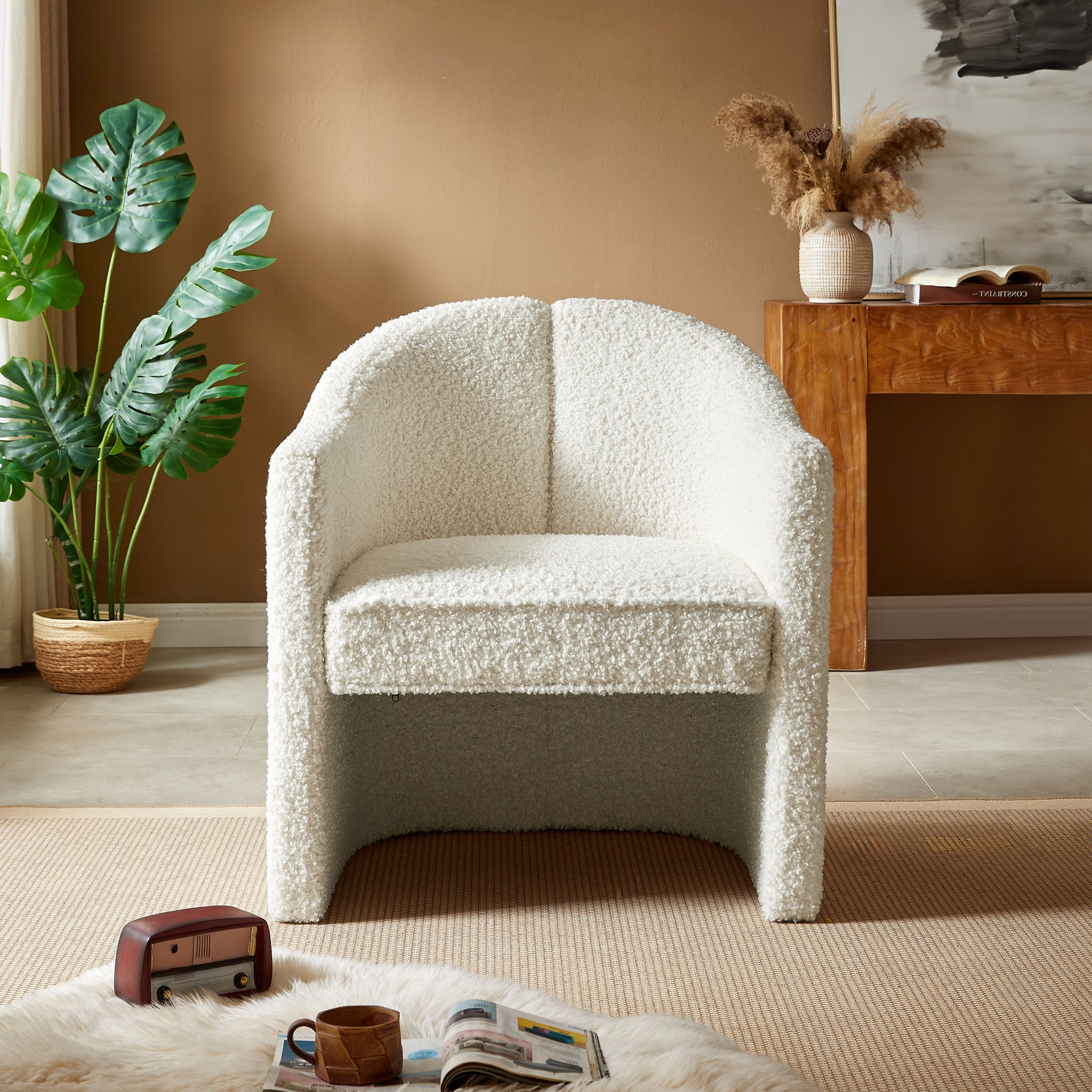 Mirod Stylish Curved Design, Comforting Embrace, Versatile Aesthetic, Dual Purpose Decorative Accent Chair, For Living Room,Bedroom And Study White Boucle