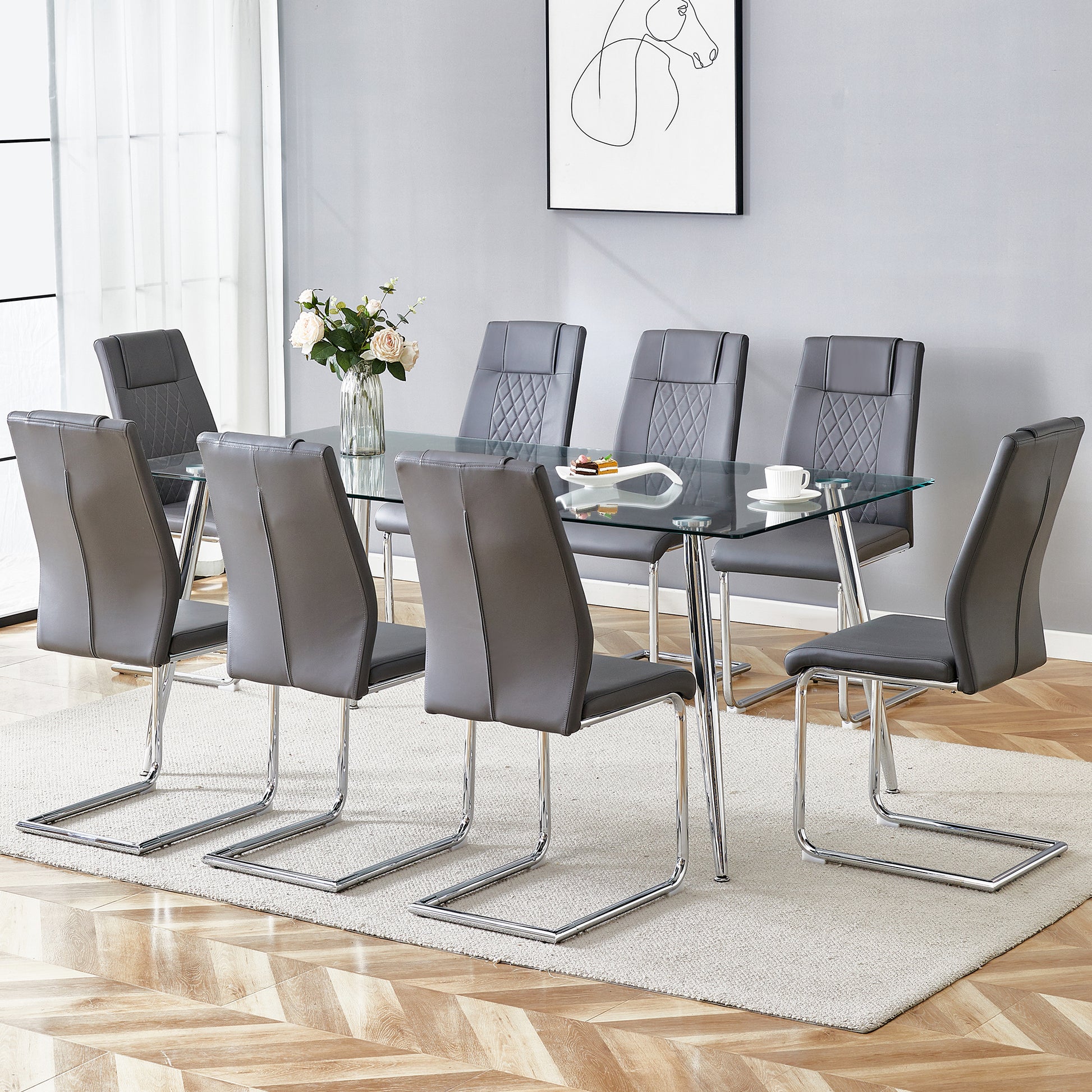 Table And Chair Set.Modern Rectangular Glass Dining Table With A Tempered Glass Tabletop And Silver Metal Legs, Paired With Multiple Chairs Designed With Pu Cushions And Silver Metal Legs. Gray Silver Seats 8 Tempered Glass