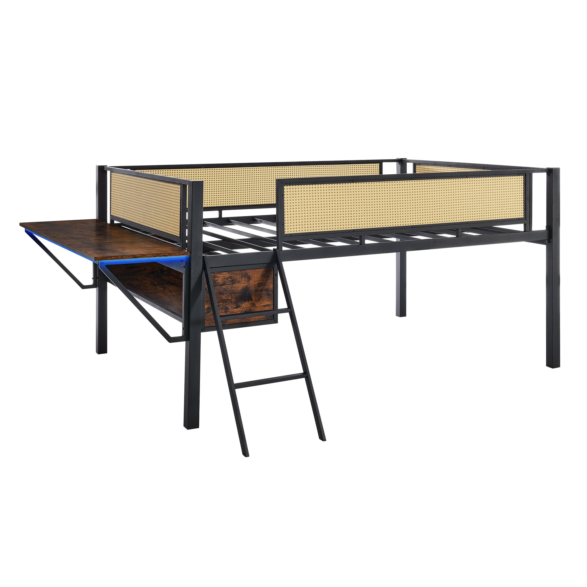 Single Metal Loft Bed With Rectangular Desk, Led Lights, Led Loft Bed Frame Double Bed With Storage Shelves And Hanging Storage Compartments, Safety Guard And Ladder, No Box Springs Required, Rattan G Full Black Brown Mdf Iron