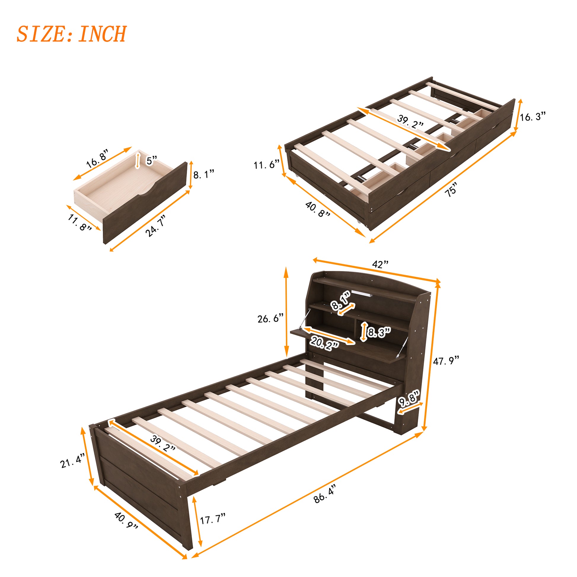 Twin Size Wooden Led Platform Bed With Trundle, With Storage Headboard, With Drawers, Brown Twin Brown Plywood