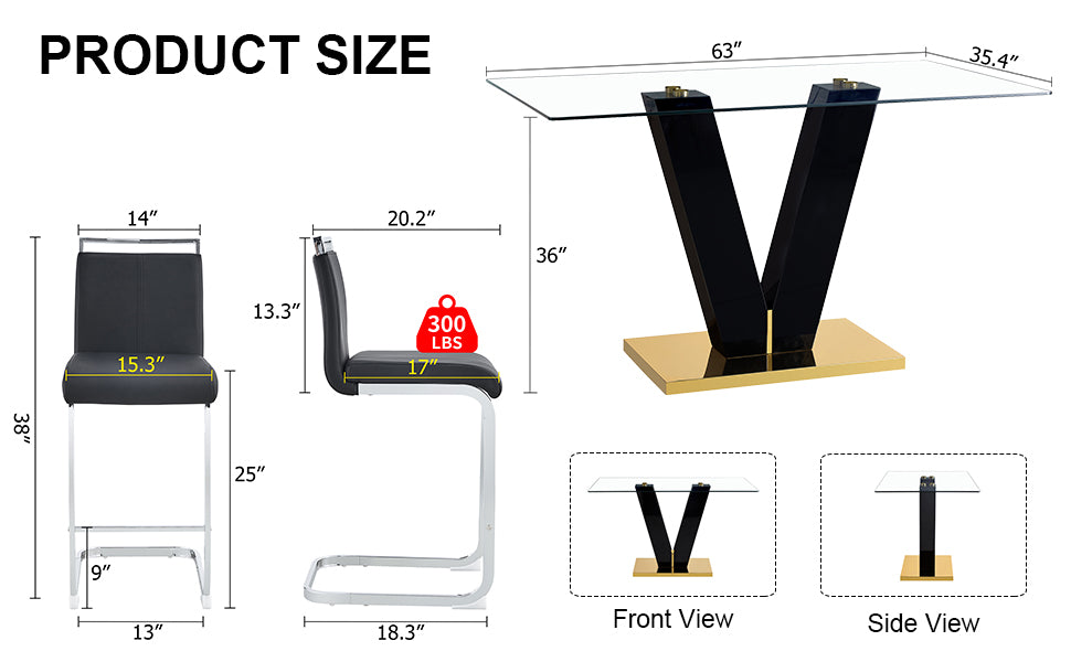 Table And Chair Set. A Rectangular Glass Dining Table With A 0.4 Inch Tempered Glass Tabletop And Mdf Board V Shaped Bracket, Paired With Chairs Consisting Of Pu Seat Cushions And Silver Metal Legs. Black Seats 4 Tempered Glass