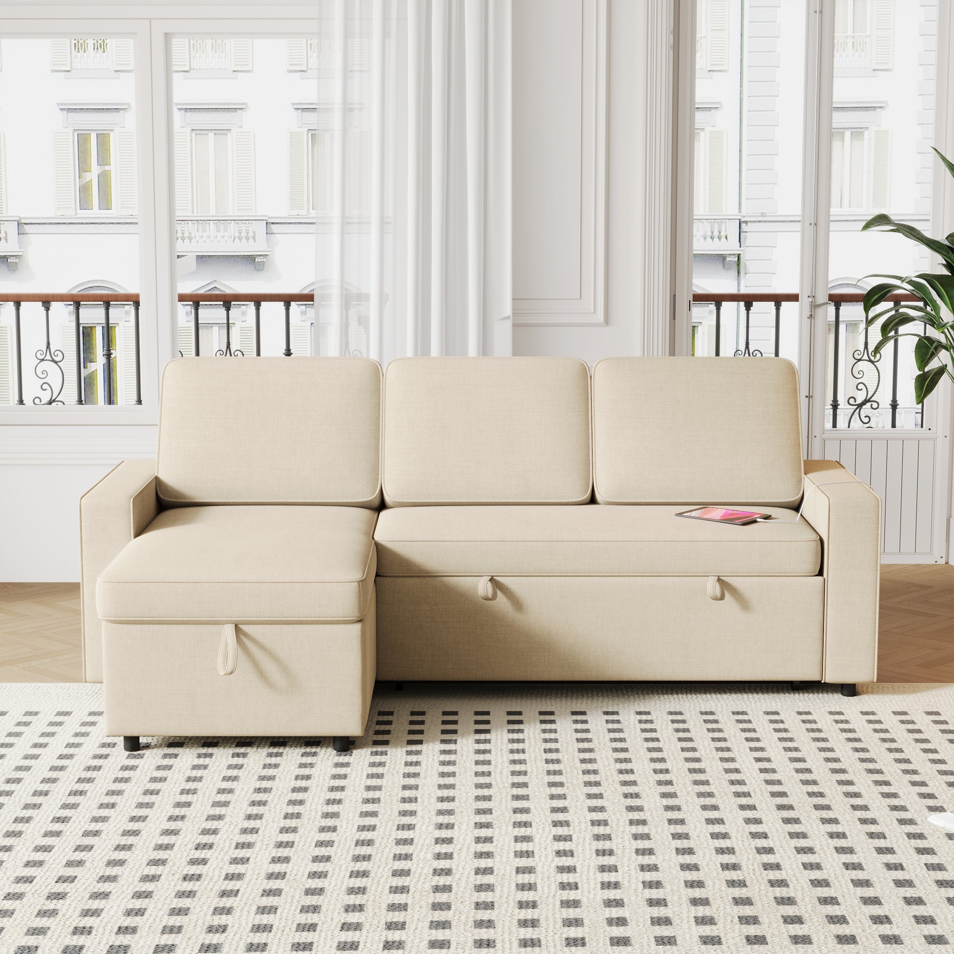 85.8" Pull Out Sleeper Sofa L Shaped Couch Convertible Sofa Bed With Storage Chaise And Storage Racks,With Usb Port And T Pyce Port Beige Fabric 3 Seat